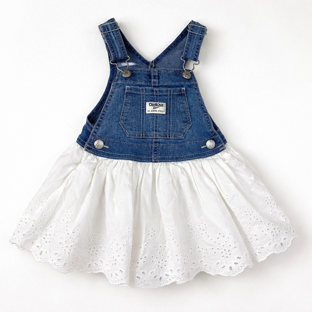 VTG Y2K OshKosh B'gosh Overall Dress Kids 2T Blue White Eyelet Denim Skirt